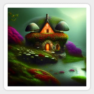 Sparkling Fantasy Cottage with Lights and Glitter Background in Forest, Scenery Nature Magnet